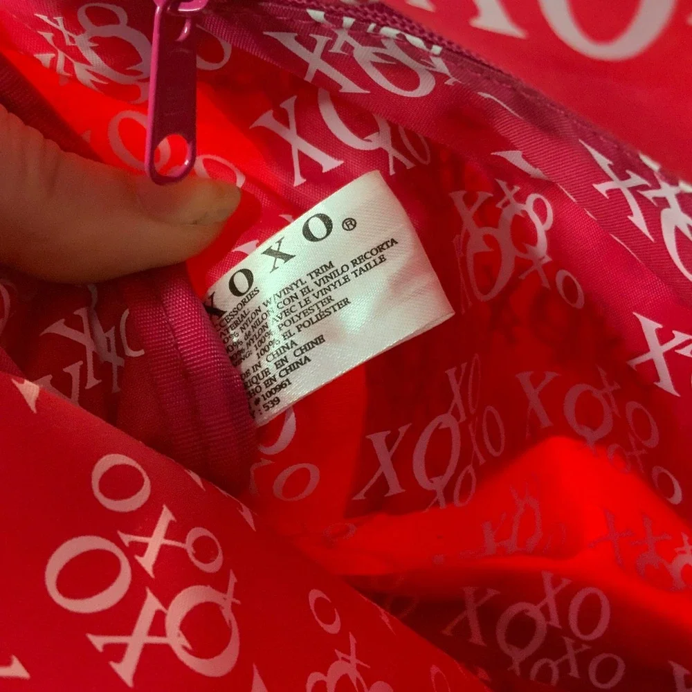 XOXO Hot Pink Nylon Cosmetic‎ Bag Makeup Pouch Brown Trim Striped Accent